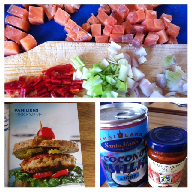 Laks med rød curry paste og  kokosmelk.